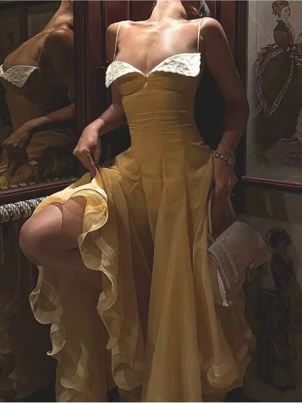 Elegant Spaghetti-Strap Ruffle Hem Dress in Mustard Yellow